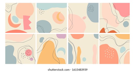 Набор из восьми абстрактных фонов. Рисованные от руки различные фигуры и каракули. Современные модные векторные иллюстрации. Каждый фон изолирован. Пастельные тона