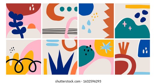 Set of eight abstract backgrounds. Hand drawn various shapes and doodle objects. Contemporary modern trendy vector illustrations. Every background is isolated. Pastel colors