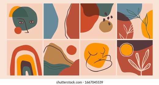 Set of Eight abstract backgrounds. Hand drawn doodle various shapes, leaves, face, body silhouette. Contemporary modern trendy Vector illustrations. Every background is isolated. Pastel colors