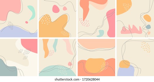 	
Set of eight abstract backgrounds. Hand drawn various shapes and doodle objects. Contemporary modern trendy vector illustrations. Every background is isolated. Pastel colors