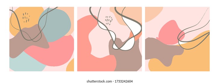 Set of eight abstract backgrounds. Hand drawn various shapes and doodle objects. Contemporary modern trendy vector illustrations. Every background is isolated. Pastel colors