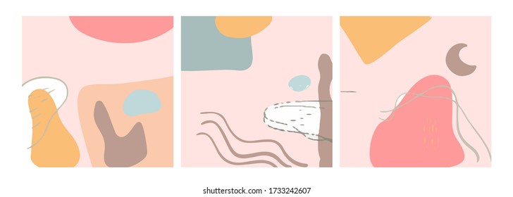 Conjunto de ocho fondos abstractos. Dibujaron a mano varias formas y objetos de garabatos. Ilustraciones vectoriales modernas y modernas. Cada fondo está aislado. Colores pasteles
