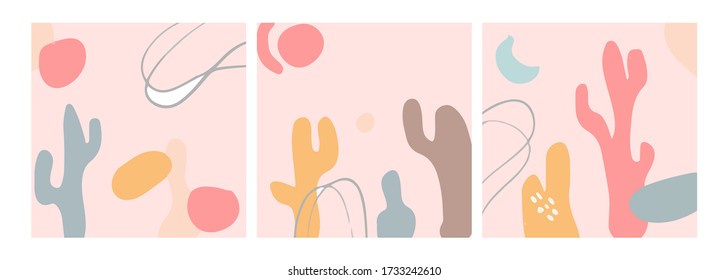 Conjunto de ocho fondos abstractos. Dibujaron a mano varias formas y objetos de garabatos. Ilustraciones vectoriales modernas y modernas. Cada fondo está aislado. Colores pasteles