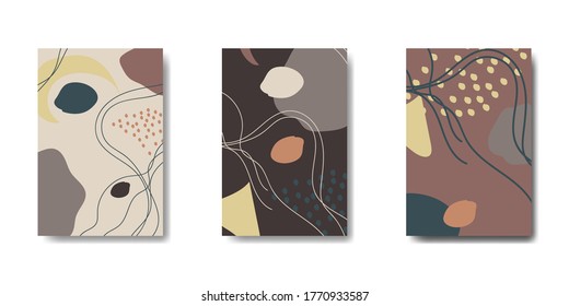 Conjunto de ocho fondos abstractos. Dibujaron a mano varias formas y objetos de garabatos. Ilustraciones vectoriales modernas y modernas. Cada fondo está aislado. Colores pasteles