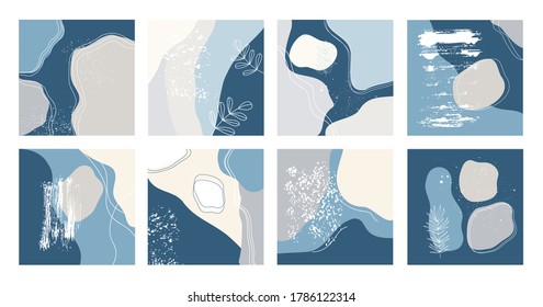 Set of eight abstract backgrounds. Hand drawn various shapes and doodle objects. Contemporary modern trendy vector illustrations. Every background is isolated. Blue pastel colors.