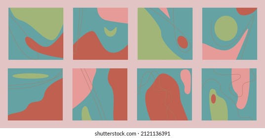 Set of eight abstract backgrounds. Hand drawn various shapes and doodle objects. Contemporary modern trendy vector illustrations. Every background is isolated. Pastel colors