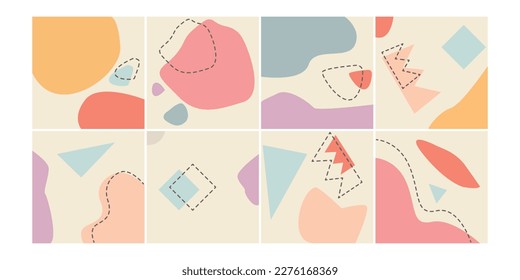 Set of eight abstract backgrounds. Hand drawn various shapes and doodle objects. Contemporary modern trendy vector illustrations. Every background is isolated. Pastel colors. Fresh look
