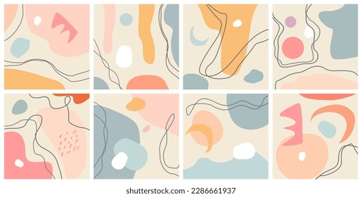 Set of eight abstract backgrounds. Hand drawn various shapes and doodle objects. Contemporary modern trendy vector illustrations. Every background is isolated. Pastel colors. Style for wallpaper, etc.
