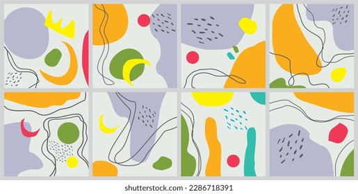 Conjunto de ocho fondos abstractos. Dibujaron a mano varias formas y objetos de garabatos. Ilustraciones vectoriales modernas y modernas. Cada fondo está aislado. Colores pasteles. Estilo de fondo de pantalla, etc.