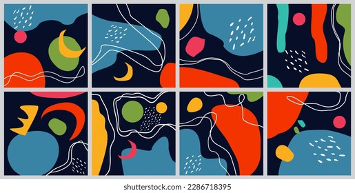 Set of eight abstract backgrounds. Hand drawn various shapes and doodle objects. Contemporary modern trendy vector illustrations. Every background is isolated. Pastel colors. Style for wallpaper, etc.