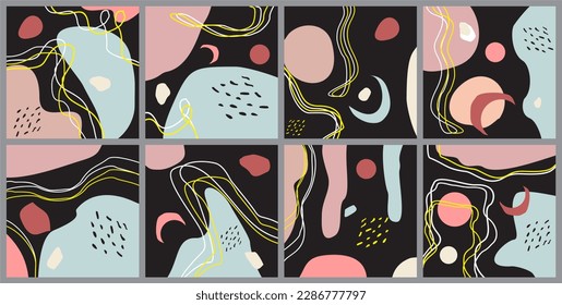 Set of eight abstract backgrounds. Hand drawn various shapes and doodle objects. Contemporary modern trendy vector illustrations. Every background is isolated. Pastel colors. Style for wallpaper, etc