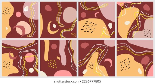 Conjunto de ocho fondos abstractos. Dibujaron a mano varias formas y objetos de garabatos. Ilustraciones vectoriales modernas y modernas. Cada fondo está aislado. Colores pasteles. Estilo del fondo de pantalla, etc.