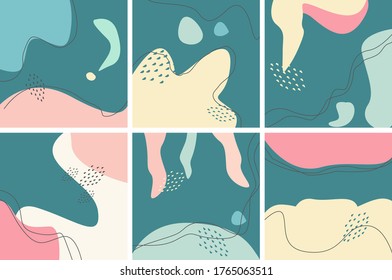 	
Set of eight abstract backgrounds pastel color. Hand drawn various shapes and doodle objects. Contemporary modern trendy vector illustrations. 