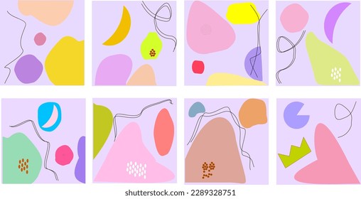 A set of eight abstract backgrounds. Pastel color. Hands drawn various shapesmand doodle objects. Contemporary modern trendy vector illustrations. Each background is isolated. Illustration wall for hp