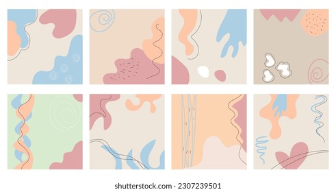 Set von acht abstrakten Hintergründen in Pastellfarben. Handgezeichnet verschiedene Formen und Doodles. Abstrakte Vektorgrafik.