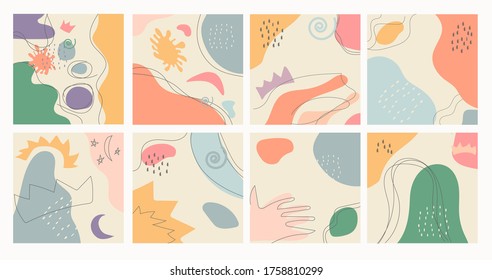 A set of eight abstract backgrounds.Pastel color. Doodle objects. Draw various shapes and Doodle objects. Modern fashion vector illustrations. Each background is isolated.