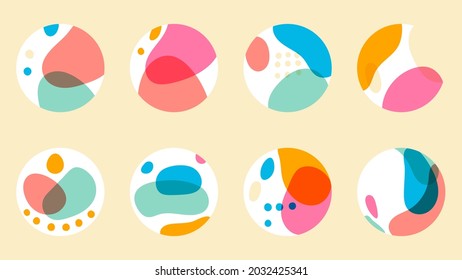 A set of eight abstract colorful logos. Design element for branding and marketing companies. Cheerful rainbow icon with circles, doodles, geometric shapes. Hand drawn vector graphics.