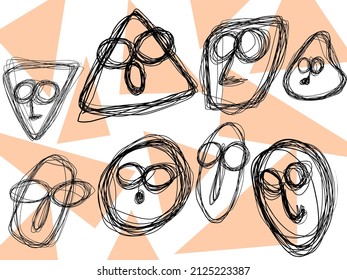 Set of eight abstract faces with single stroke on triangles background