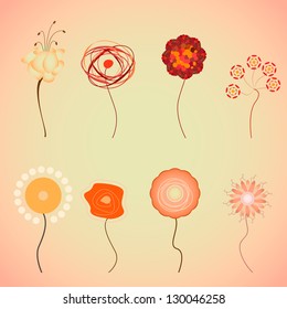 Set of eight abstract flowers. Vector design illustration.