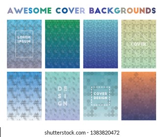 Set of eight abstract geometric cover backgrounds with various color gradients and patterns.
