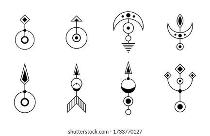 Set of eight abstract geometric symbols. Sacred geometry sign with geometric shapes. Isolated on white background. Black linear shapes. Linear logo, spiritual design. Vector elements.