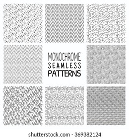 Set of Eight Abstract Hand Drawn Sketched Geometric Monochrome Black Seamless Background Patterns. Dots, Sands, Lines, Things. Vector Illustration