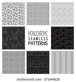 Set of Eight Abstract Hand Drawn Sketched Geometric Monochrome Black Seamless Background Patterns. Dots, Sands, Lines, Things. Vector Illustration