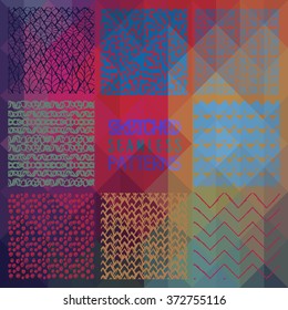 Set of Eight Abstract Hand Drawn Sketched Geometric Colorful Seamless Patterns on Triangular Background. Fully Editable file with Pattern Swatches. Ve?tor Illustration