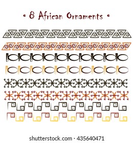 Set of eight abstract hand-drawn ethnic African ornaments: black, red, umber and yellow sketches. Isolated on white background. Good for post-cards, web page background, safari or jungle party