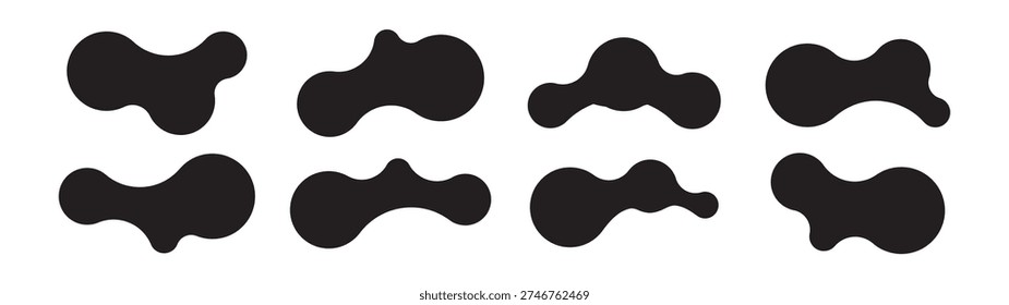 Set of eight abstract metaball shapes with connected dots and morphing blobs. Geometric vector icons with fluid, organic metaball forms. Vector illustration