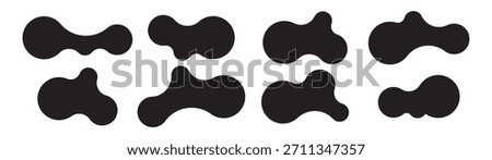 Set of eight abstract metaball shapes with connected dots and morphing blobs. Geometric vector icons with fluid, organic metaball forms. Vector illustration