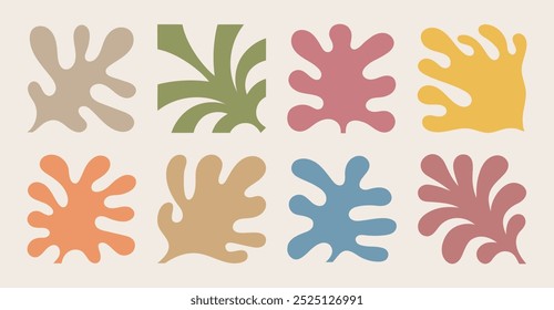 Set of eight abstract, organic shapes in pastel colors. Abstract elements drawn by hand. Can be us for backgrounds, printing, digital art, or design elements. Vector illustration
