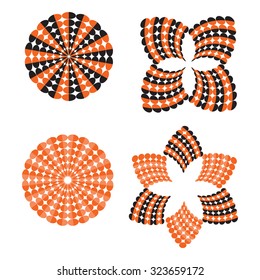 Set of eight abstract swirl rounded shapes in orange  andblack, vector design elements.