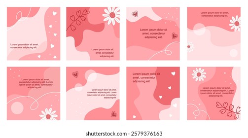 A set of eight abstract templates in a pink-red color scheme with flowers, hearts, and wavy lines. Perfect for social media, romantic designs, and backgrounds.