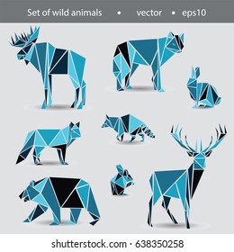 A set of eight animals. Wild animals in the flat Graphics. Illustrations of elk, bear, deer, wolf, fox, raccoon, squirrel and hare for design and logos.