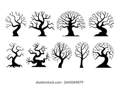 Set of eight bare tree silhouettes in black on a white background. Ideal for Halloween or spooky forest designs.