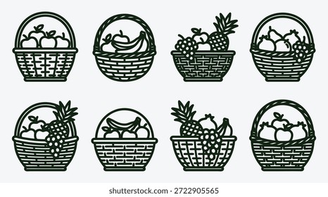 Conjunto de ocho cestas llenas de varias frutas como manzanas, plátanos, uvas y piñas en un estilo de arte de línea simple