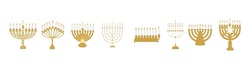 Set Of Eight Beautiful Hanukkah Menorahs. Decorative Elements Of The Jewish Holiday Hanukkah.