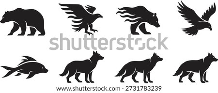 A set of eight black animal silhouettes on a white background, including a bear, eagle, bird, fish, and wolves in different poses