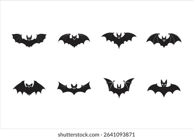 Set of Eight Black Bat Silhouettes - Halloween and Spooky Night Vector Collection