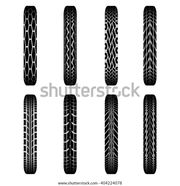 Set of eight\
black bike tire tracks with\
shadows