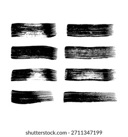 Conjunto de ocho pinceladas negras. Manchas de tinta dibujadas a mano aisladas sobre fondo blanco. Ilustración vectorial
