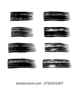 Conjunto de ocho pinceladas negras. Manchas de tinta dibujadas a mano aisladas sobre fondo blanco. Ilustración vectorial
