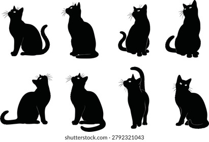 A set of eight black cat silhouettes in various poses, ideal for design projects, Halloween themes, or animal-related graphics.