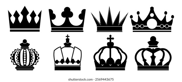 Set of eight black crown silhouettes. Each crown design is unique, featuring various shapes and styles. Perfect for royalty-themed projects and designs. Element vector set.