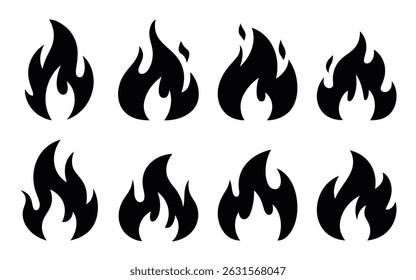 Set of eight black fire flame icons, perfect for design elements related to heat, energy, or warning signs.