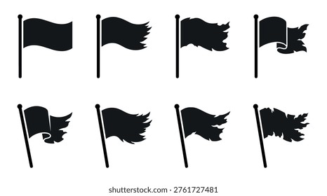Set of eight black flag icons on flagpoles showing a progression from a new waving banner to a completely tattered, ripped, and weathered symbol