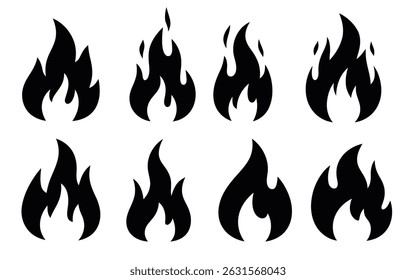 Set of eight black flame icons, various shapes and styles, perfect for design projects needing fire symbols.