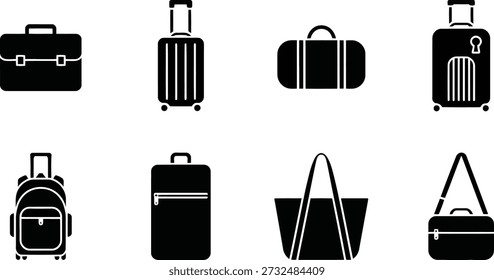 Um conjunto de oito ícones de design plano preto mostrando diversos itens de bagagem, desde maletas até malas rolantes e sacolas.