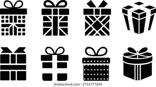 Conjunto de ocho iconos de caja de regalo negro con cintas y arcos